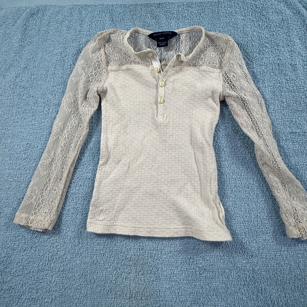 Ralph Lauren Girls Cream Lace Long Sleeve Henley Top Size 4 4T Cotton Knit